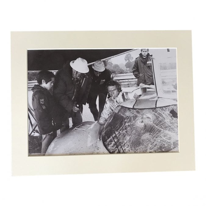 Larrini Michael Delaney Le Mans Crash film 1971 Climbing out Smoking A4 Mounted Photo